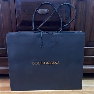 Dolce & Gabbana Black Shopping Tote with Gold Logo, Rope Handles, Ribbon Closure